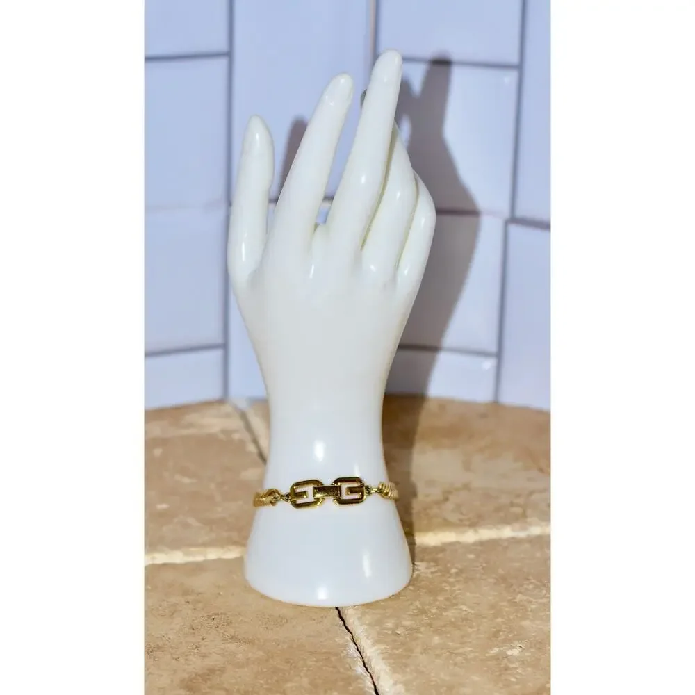 Vintage Givenchy Herringbone Gold Plated Chain Bracelet with Logo Clasp, 1980s
